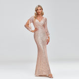 Msddl  2023 New Women Elegant V-Neck Mermaid Evening Dress Floor Length Formal Prom Party Gown Sequins Long Sleeve Galadress Vestidos