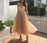 Msddl  2023 Nude Halter Tulle Short Prom Dresses For Women A Line Tea-Length Formal Party Night Vestidos Elegant Evening Gowns