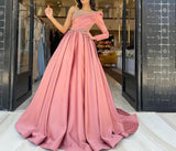 Msddl  Beaded One Shoulder Long Sleeve Satin Pink Prom Dresses Pleated A-Line Sweep Train Robes De Soirée Evening Party Gowns