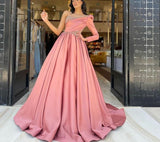 Msddl  Beaded One Shoulder Long Sleeve Satin Pink Prom Dresses Pleated A-Line Sweep Train Robes De Soirée Evening Party Gowns