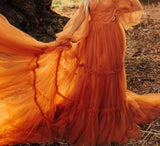 Msddl  Orange Off The Shoulder Tulle Prom Dresses Long Puff Sleeves Sweetheart Neck A Line Layered Splicing Evening Party Gowns