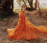 Msddl  Orange Off The Shoulder Tulle Prom Dresses Long Puff Sleeves Sweetheart Neck A Line Layered Splicing Evening Party Gowns