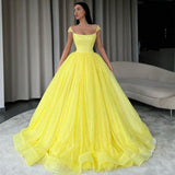 Msddl  Sparkly Yellow Tulle Prom Dresses Cap Sleeves Square Neck A Line Long Evening Party Dress Vestido De Fiesta De Graduación