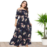 Msddl  Plus Size Beach Evening Dress Off-The-Shoulder Chiffon Printing Summer Dress For Women Half-Sleeve A-Line Long Party Prom Gowns