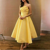 Msddl  Elegant Yellow Short Off Shoulder Party Dresses 2023 A-Line Tea Length Pleated Satin Prom Evening Gowns With Pockets