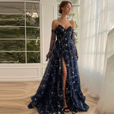 Msddl Glitter Navy Blue Starry Tulle Prom Dresses V-Neck Side Split Saudi Arabic Women A-Line Formal Evening Party Gowns