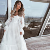 Msddl Modern Tulle Wedding Dresses Sweetheart Puff Sleeves A-Line Pleat Boho Wedding Gown Country Bridal Gown Plus Size