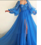 Msddl  Fashion Luxury A-Line Prom Dresses Blue 2023 Long Tulle Puff Sleeve Women's Evening Gownssweetheart Bow Party Dress Side Slit