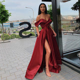 Msddl  Sexy Off The Shoulder Satin Evening Dresses Long Sexy High Slit Party Gown Elegant High Waist Prom Dress Robe De Soiree