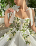 Msddl White Flowers Appliques Prom Dresses Bow Straps Tea-Length A-Line Evening Dress Wedding Party Gowns with Pockets