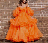 Msddl  Orange Off Shoulder Prom Dresses Ruffles Sleeves Organza Sweetheart Neck Tiered Floor-Length Evening Party Dresses Zipper