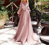 Msddl  Pink Puff Long Sleeves Evening Dresses With White Appliques A Line Tulle Princess Prom Party Gown Sweep Train Custom Made