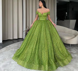 Msddl  Sparkly Green Tulle Prom Dresses Off Shoulder A Line Long Sweetheart Evening Party Dress Vestido De Fiesta De Graduación