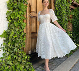 Msddl  Elegant White Lace Appliques Prom Dresses Puff Sleeves Sweetheart Tea-Length A-Line Formal Evening Party Dress 2023