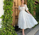 Msddl  Elegant White Lace Appliques Prom Dresses Puff Sleeves Sweetheart Tea-Length A-Line Formal Evening Party Dress 2023