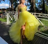 Msddl  Lemon Yellow High-Low Prom Dresses Sweetheart Tulle Sleeveless A Line Lace-Up Back Evening Party Dresses Sweep Train