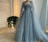 Msddl  Dusty Blue Sparkly Tulle Prom Dresses With Long Cape Sweetheart A-Line Formal Party Dress 2023 Evening Gowns Floor Length