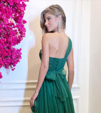 Msddl  Green Soft Tulle Prom Dresses 2023 Long A Line One Shoulder Pleats Party Gowns Tulle Sashes Evening Dress