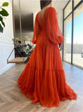 Msddl  Luxury Elegant Orange Prom Dresses 2023 Puff Long Sleeves Sexy Deep V-Neck Pleated Splicing Chiffon Evening Party Gowns