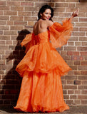 Msddl  Orange Off Shoulder Prom Dresses Ruffles Sleeves Organza Sweetheart Neck Tiered Floor-Length Evening Party Dresses Zipper