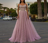 Msddl  Blush Pink Sequin Prom Dress Tulle Spaghetti Strap A Line Evening Dress Long Formal Party Gowns For Women Floor Length