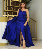 Msddl  Royal Blue Elegant Satin Mermaid Prom Dresses 2023 Evening Dresses With Split One Shoulder Lace Up Back Detachable Train