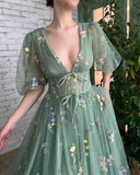 Msddl Green Embroidery Lace Prom Dresses Puff Sleeves A-Line Long Wedding Party Gowns Open Back Tulle Evening Dress