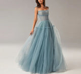 Msddl  Luxury Sexy Dusty Blue Square Neck A Line Prom Dresses Spaghetti Straps Tulle Floor Length Evening Party Gowns