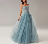 Msddl  Luxury Sexy Dusty Blue Square Neck A Line Prom Dresses Spaghetti Straps Tulle Floor Length Evening Party Gowns