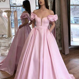 Msddl  Pink Off Shoulder 2023 Prom Dresses With Pockets Puffy Sleeves A-Line Satin Simple Long Formal Evening Gowns For Women