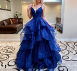 Msddl  Royal Blue Elegant Sparkly Prom Dresses A-Line Layered Ruffled Tulle Cross Back Robes De Soirée Evening Gowns For Women