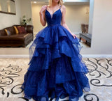 Msddl  Royal Blue Elegant Sparkly Prom Dresses A-Line Layered Ruffled Tulle Cross Back Robes De Soirée Evening Gowns For Women