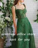 Msddl Green Lace Long Prom Dresses Sweetheart Spaghetti Straps Flowers A-Line Evening Gowns Formal Party Dress