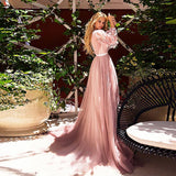 Msddl  Pink Puff Long Sleeves Evening Dresses With White Appliques A Line Tulle Princess Prom Party Gown Sweep Train Custom Made