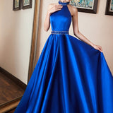 Msddl  Royal Blue Halter Sleeveless Prom Dresses High-Quality Satin Beaded A Line Floor Length Backless Elegant Evening Dresses