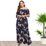 Msddl  Plus Size Beach Evening Dress Off-The-Shoulder Chiffon Printing Summer Dress For Women Half-Sleeve A-Line Long Party Prom Gowns