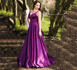 Msddl  Elegant Long Purple Satin Prom Dresses With Pockets A Line Simple Backless With Bow Custom Formal Party Evening Gowns