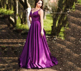 Msddl  Elegant Long Purple Satin Prom Dresses With Pockets A Line Simple Backless With Bow Custom Formal Party Evening Gowns