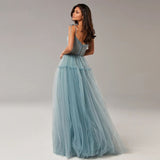 Msddl  Luxury Sexy Dusty Blue Square Neck A Line Prom Dresses Spaghetti Straps Tulle Floor Length Evening Party Gowns