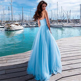 Msddl  Elegant Sky Blue A Line Strapless Evening Dress Tulle Sweetheart Neck Party Prom Gown Long Vestidos De Noche Zipper Back