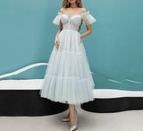 Msddl  Light Blue Short Prom Dress Off The Shoulder A Line Tulle Tiered Tea Length Evening Party Gown Puff Sleeves Sweetheart