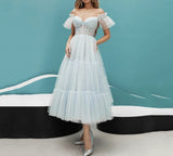 Msddl  Light Blue Short Prom Dress Off The Shoulder A Line Tulle Tiered Tea Length Evening Party Gown Puff Sleeves Sweetheart