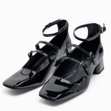 Msddl TRAF Womens Black Patent Leather Flats Shoes Female Elegant Ankle Strap Block Heel Slingbacks Woman Squared toe Sandals 2023