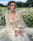 Msddl Embroidery Lace Appliques Butterfly Tulle Long Prom Dresses Puff Sleeves A-Line Evening Gowns Formal Party Dress