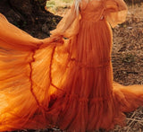 Msddl  Orange Off The Shoulder Tulle Prom Dresses Long Puff Sleeves Sweetheart Neck A Line Layered Splicing Evening Party Gowns