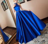 Msddl  Royal Blue Halter Sleeveless Prom Dresses High-Quality Satin Beaded A Line Floor Length Backless Elegant Evening Dresses