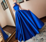 Msddl  Royal Blue Halter Sleeveless Prom Dresses High-Quality Satin Beaded A Line Floor Length Backless Elegant Evening Dresses