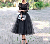 Msddl  Vintage Black Lace Short Prom Dresses Iillusion Long Sleeves Tea Length Soft Tulle Formal Evening Gowns With Sashes 2023