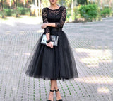 Msddl  Vintage Black Lace Short Prom Dresses Iillusion Long Sleeves Tea Length Soft Tulle Formal Evening Gowns With Sashes 2023