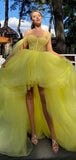 Msddl  Lemon Yellow High-Low Prom Dresses Sweetheart Tulle Sleeveless A Line Lace-Up Back Evening Party Dresses Sweep Train